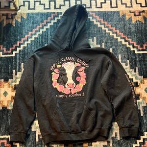 Simply Southern Black Hoodie with Cow and Floral Design